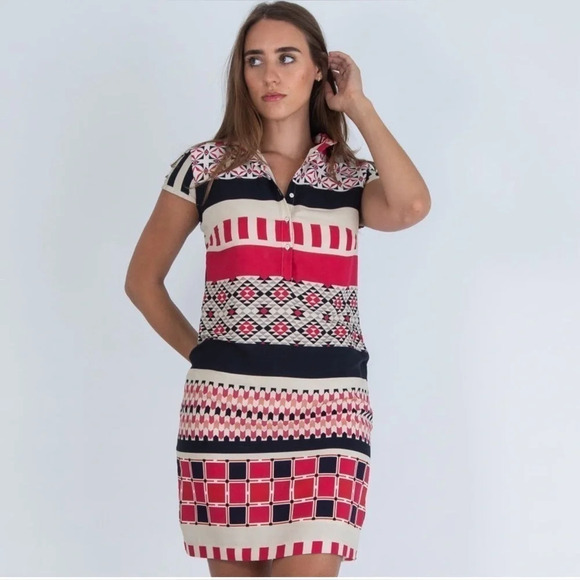 VILAGALLO Spanish Silk Stretch Horizontal Print Shirt Dress Sz 38 US 6 NEW COND - Picture 1 of 16